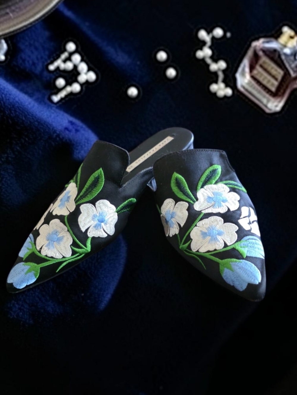 Zara Black Slip-On Mules with Blue, Green And White Floral Embroidery